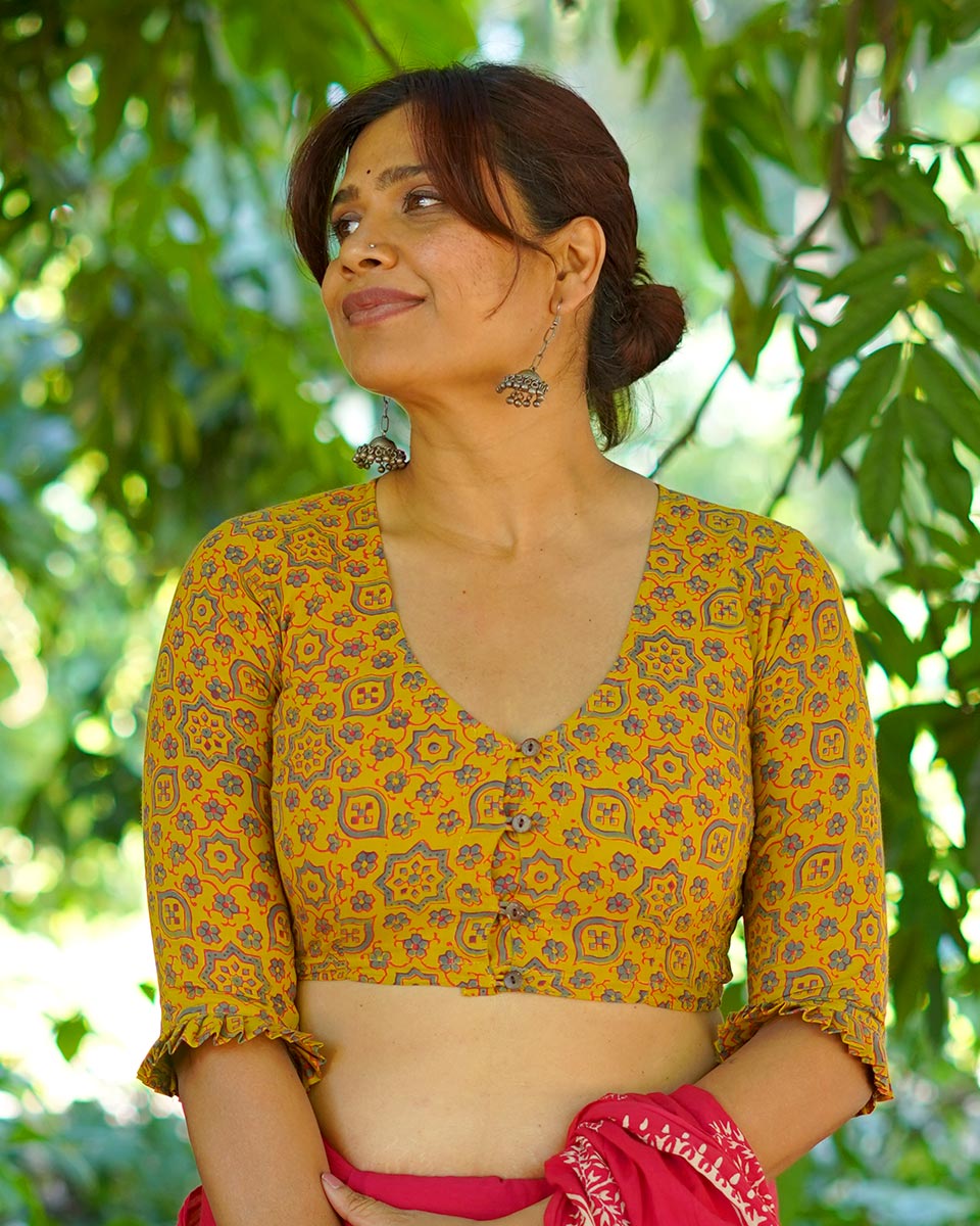 Swinging in veranda Mustard Yellow Hand Block Printed Cotton Blouse - UMT