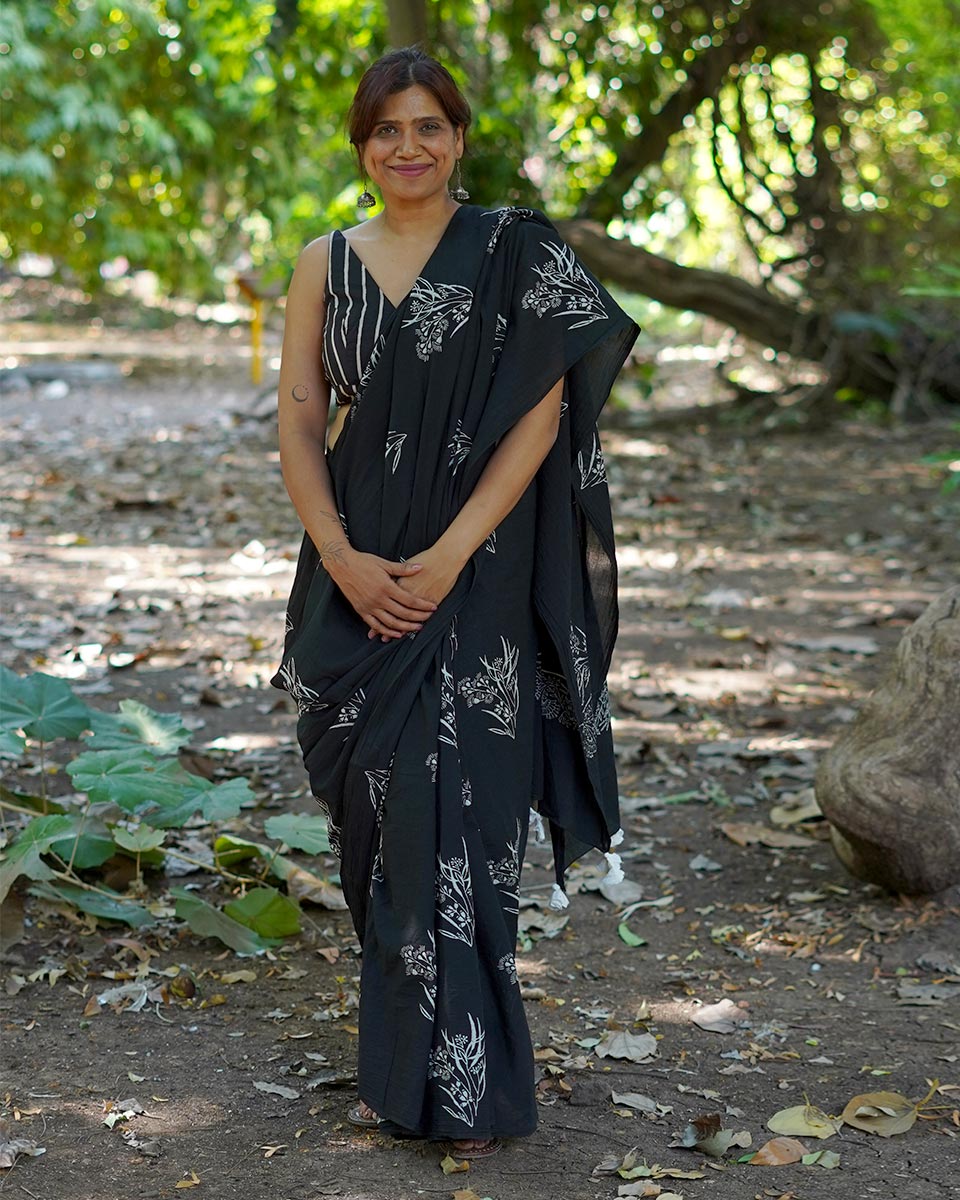 Afternoon Nap Black Hand Block Printed Cotton Saree - UMT