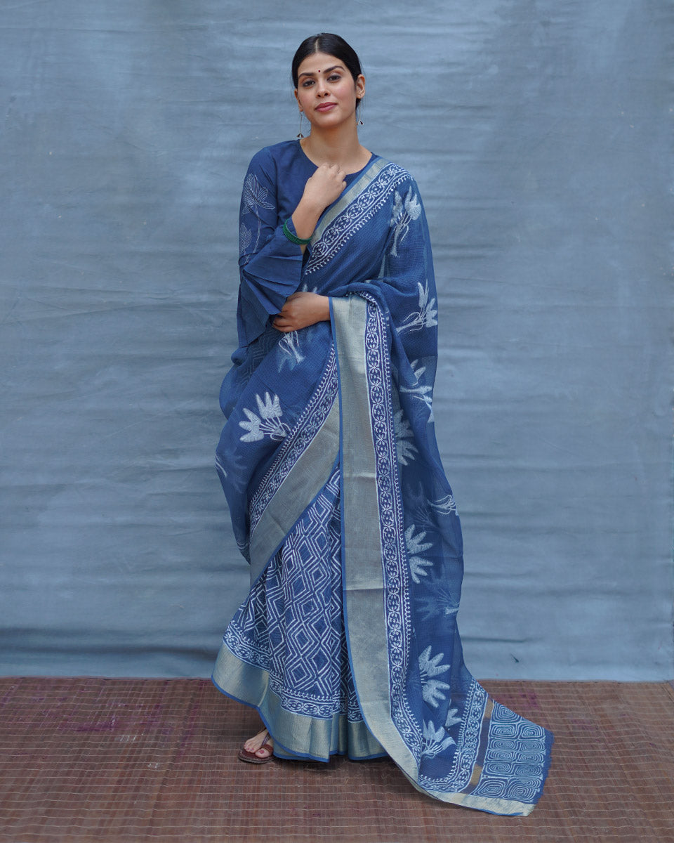 Midnight Sky Blue Block Printed Kota Doria Saree - INDI