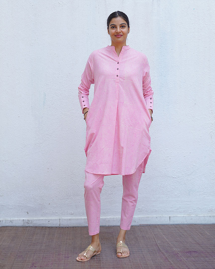 Radiant Roses Blush Pink Block Printed Kurta Set - MMG