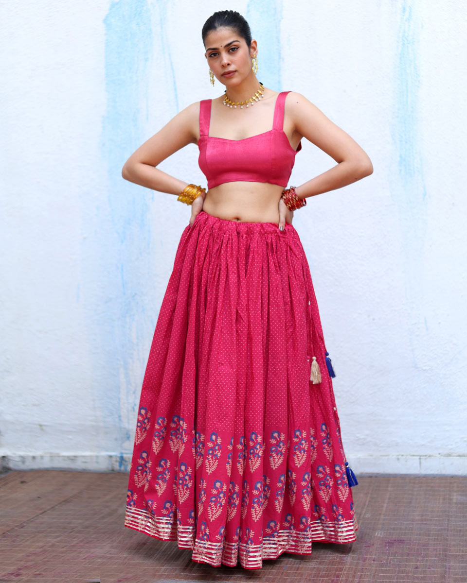 Chamak Pink Handblock Print Cotton Ghagra - RSH