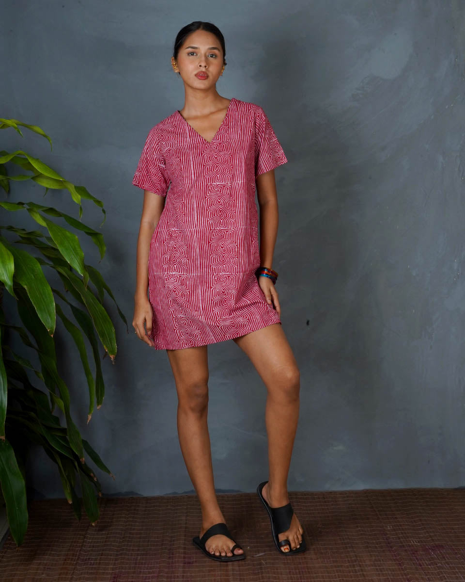 Nivara Red Hand Block Printed Dress-MYA