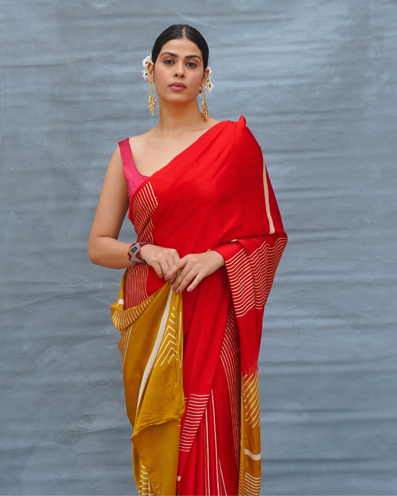 Gentle Fall Red Handblock Print Modal Silk Saree - Flow