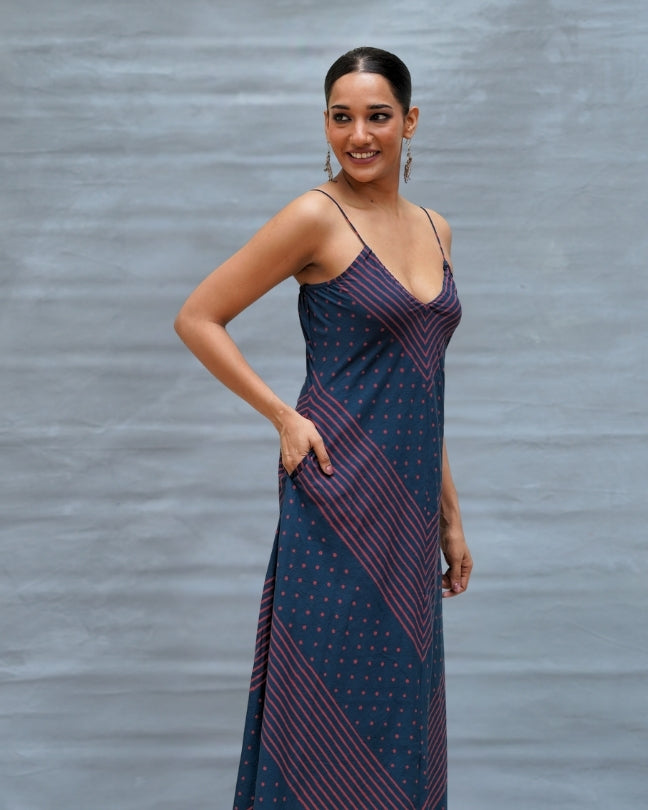 Wolf Moon Blue Handblock Print Cotton Dress - MNCH