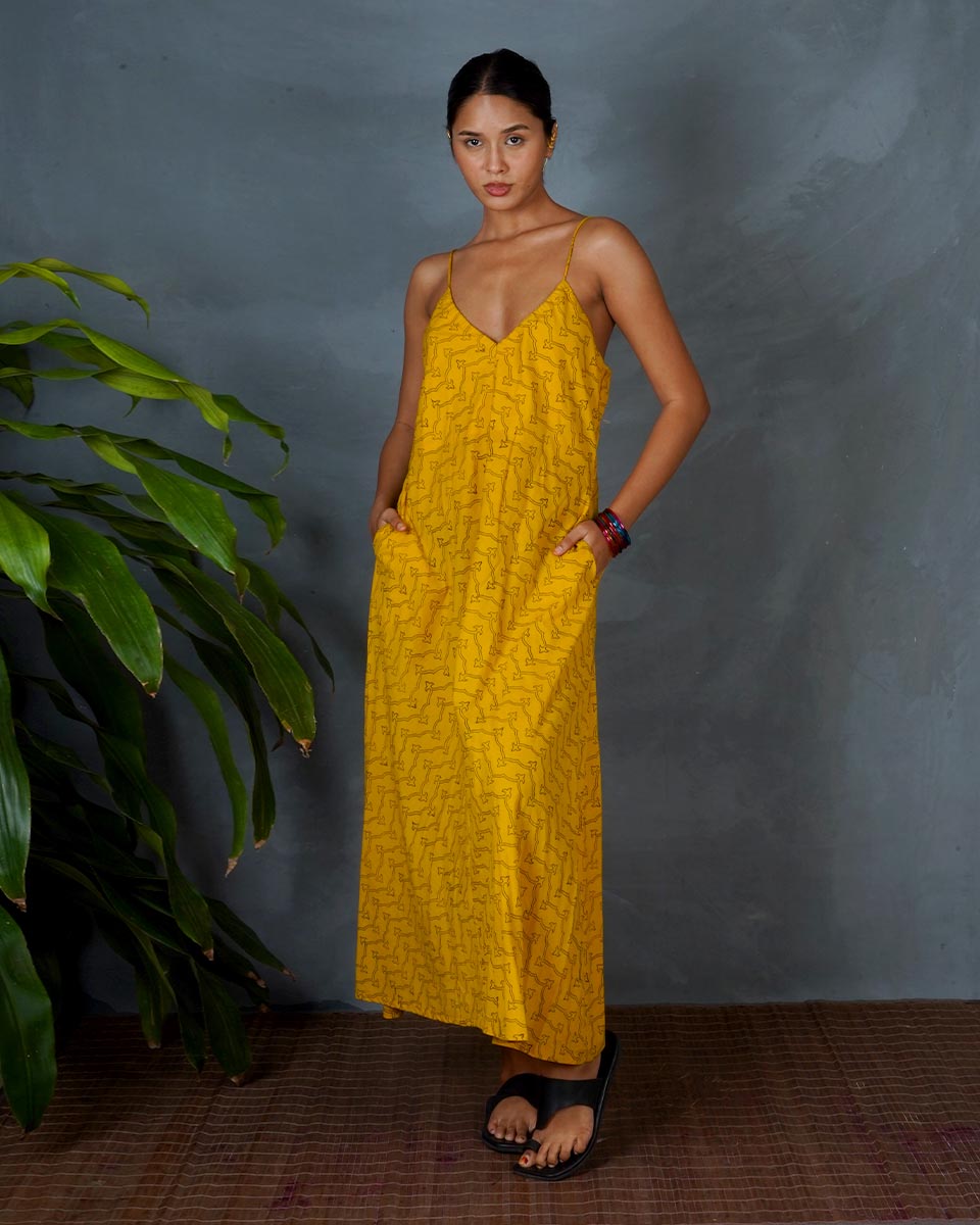 Amaira Yellow Hand Block Printed Dress-MYA