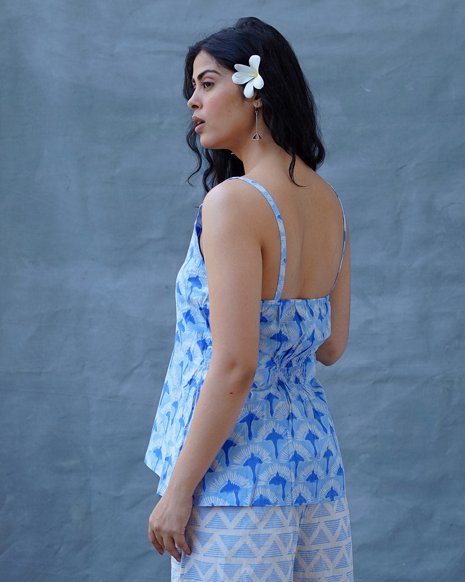 Varsha Ivory Blue Hand Block Printed Top-BAD