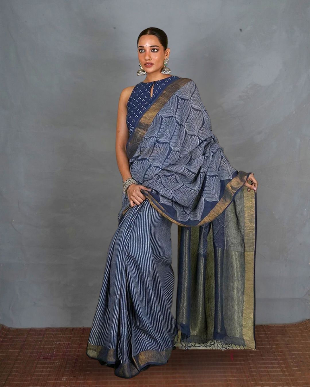 Malhari Blue Handblock Print Linen Saree - INDI