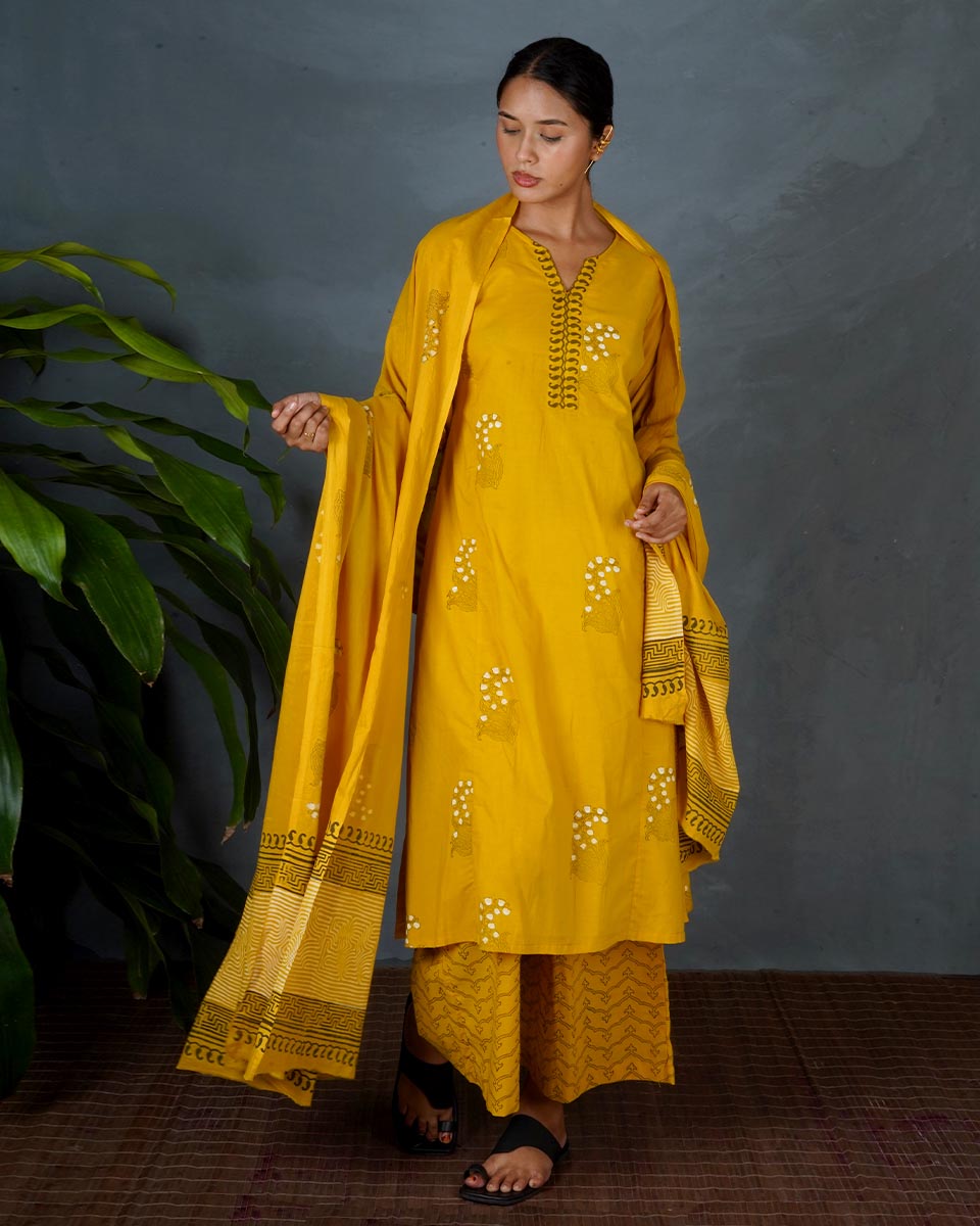 Avira Yellow Hand Block Printed Dupatta-MYA