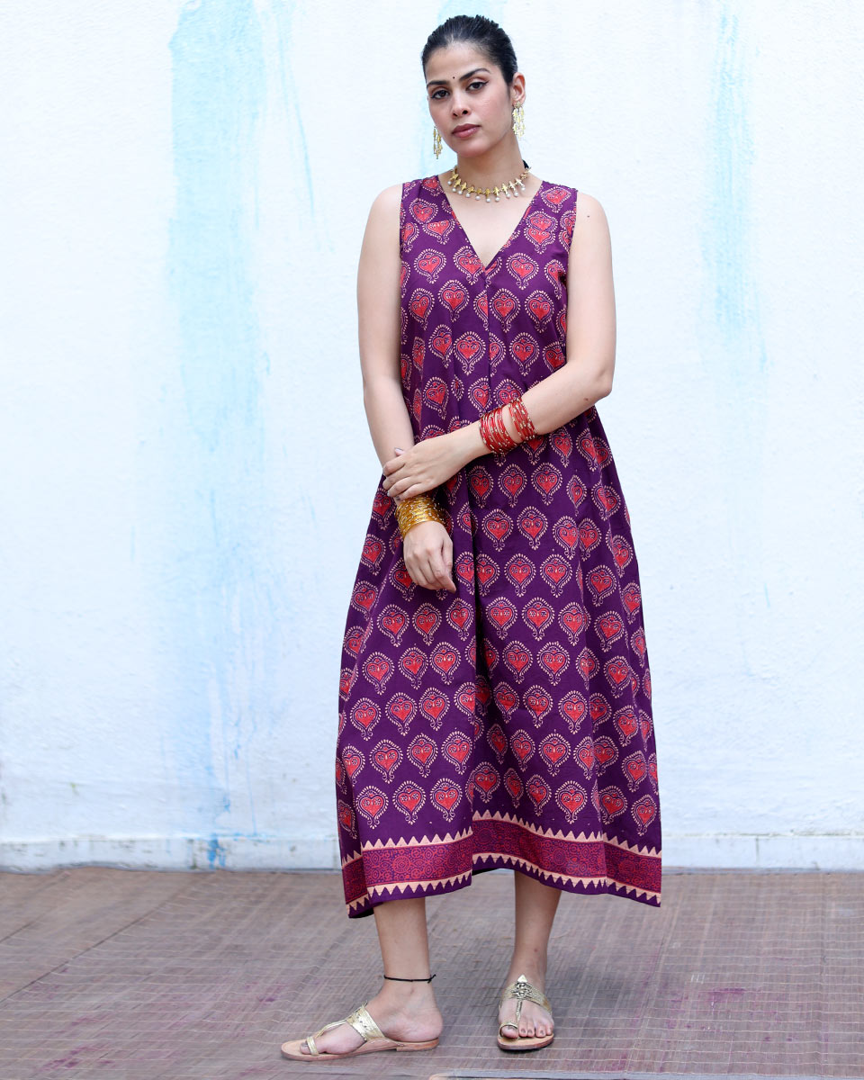Jugnu Purple Handblock Print Cotton Dress - RSH