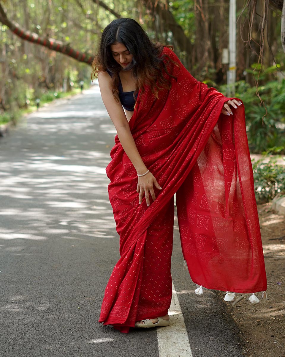 Raspberry Custard Red Handblock Print Cotton Saree - PBC