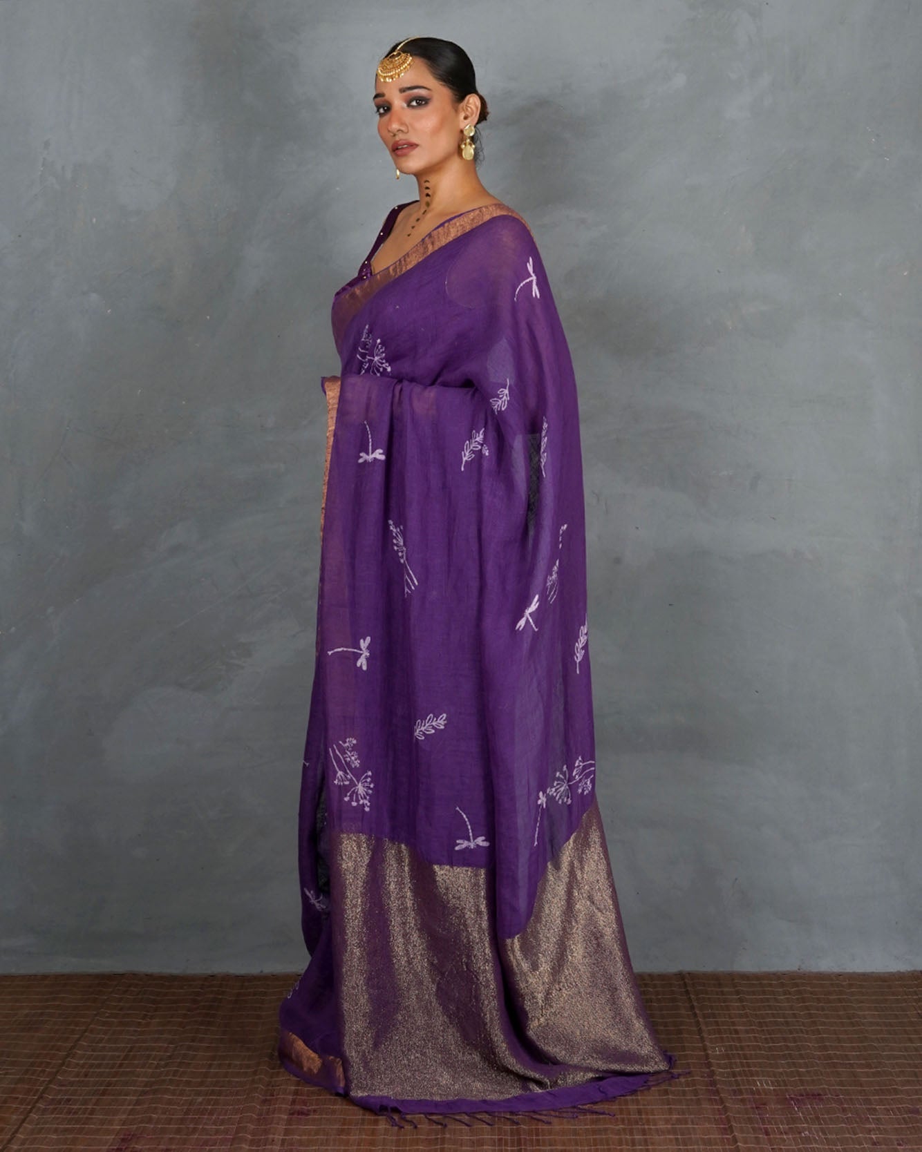 Noori Royal Purple Handblock Linen Saree - TARA