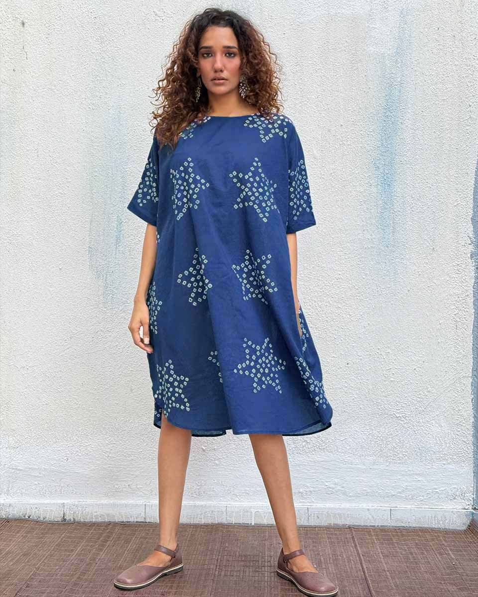 Blue Me Away Bandhej Cotton Dress - Freesize