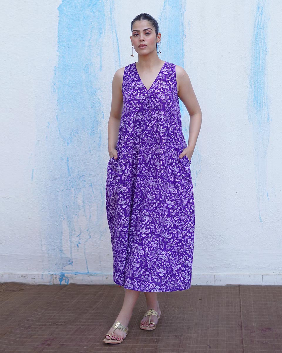 Tarang Purple Handblock Print Cotton Dress - BFG