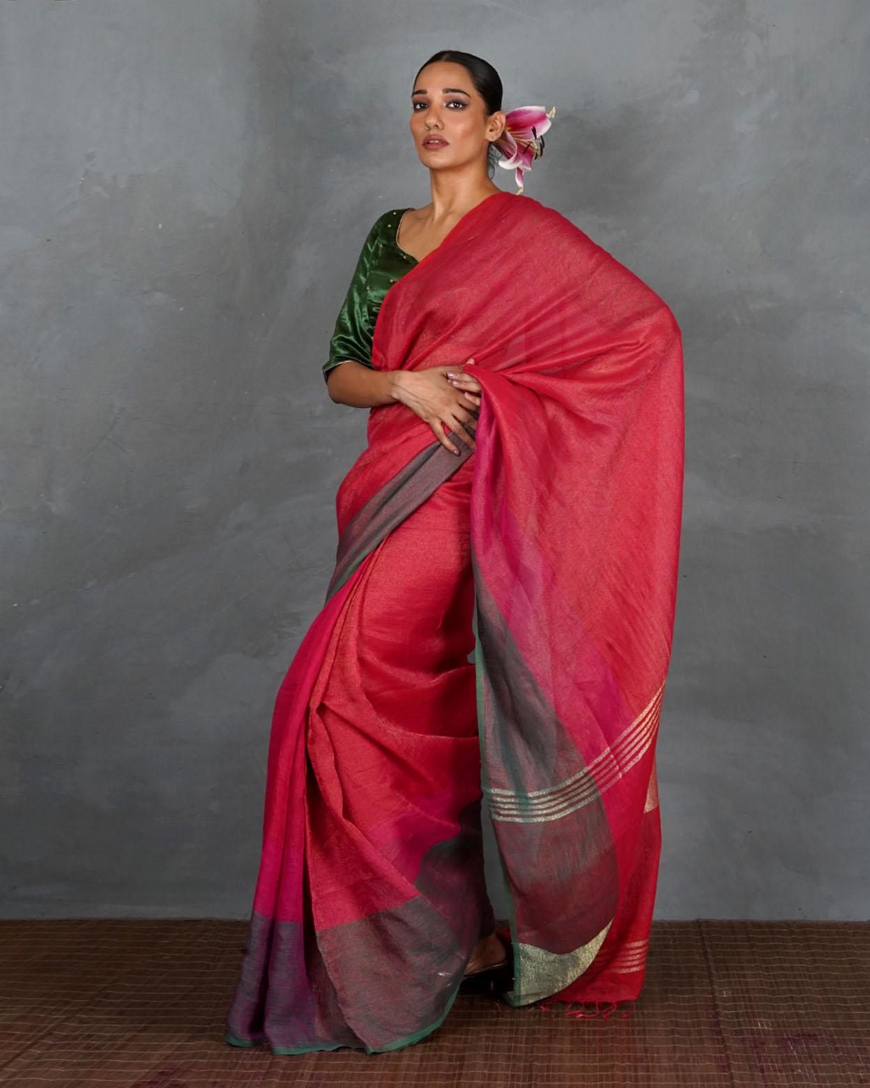Glow Forward Red With Green Handwoven Linen Saree - TARA
