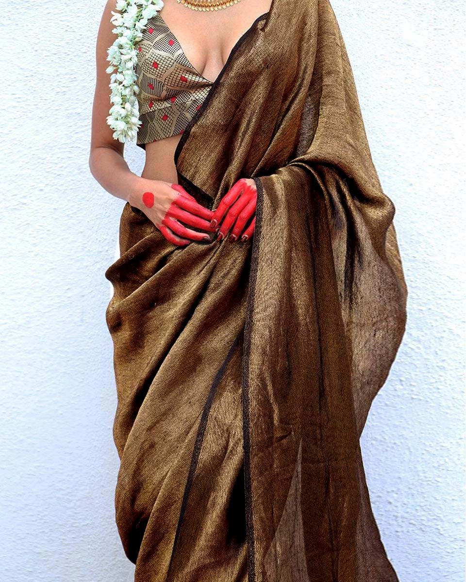 Mrinal Brown Handwoven Linen Zari Saree