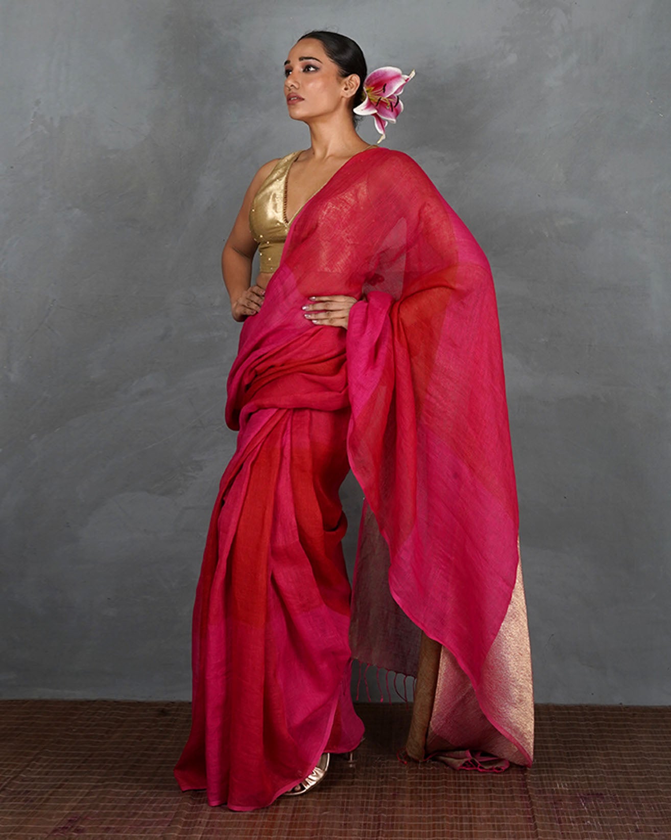 Inner Glow Red With Pink Handwoven Linen Saree - TARA