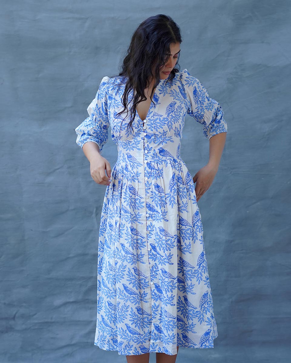 Neyra Ivory Blue Hand Block Printed Dress-BAD