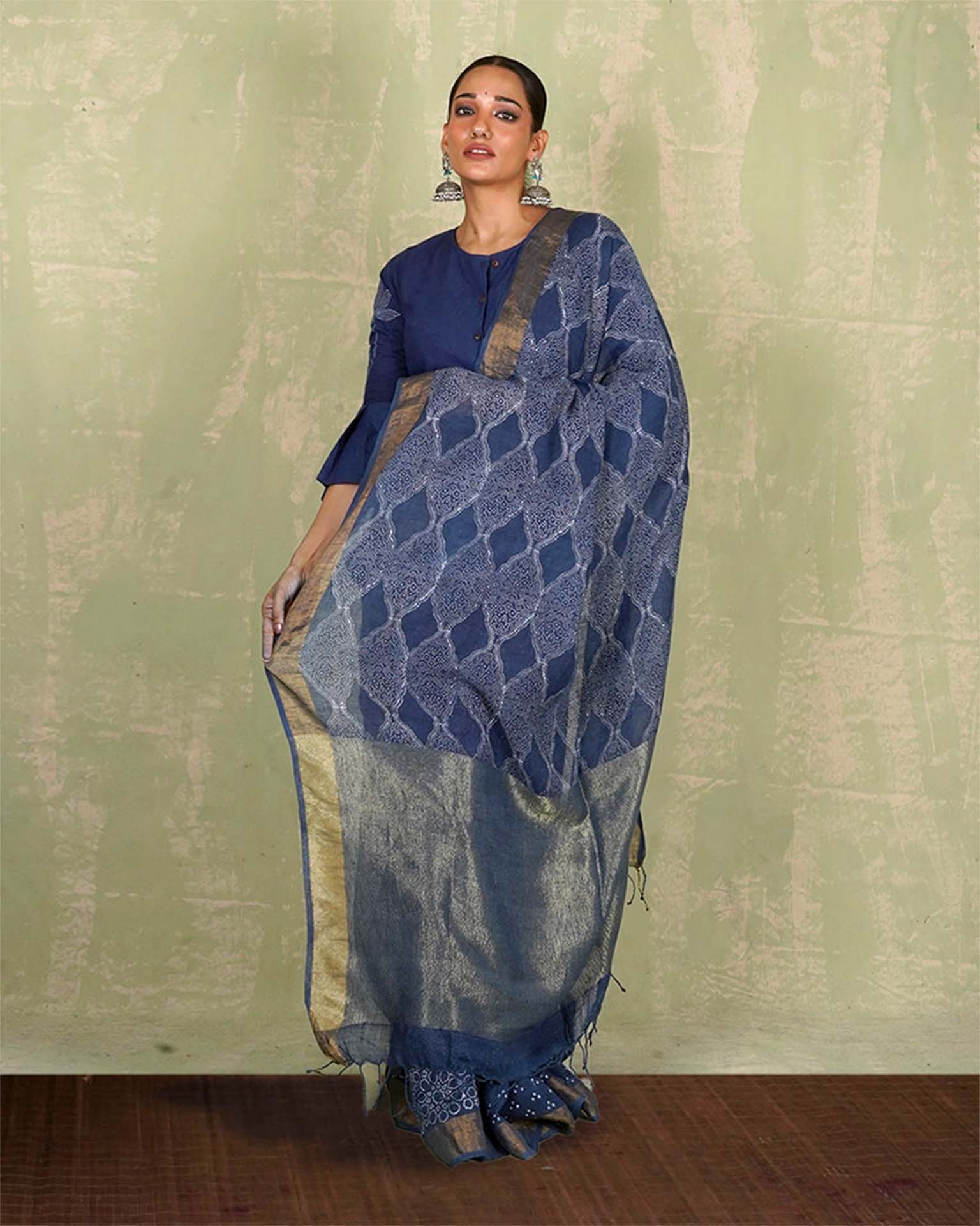 Sandhya Blue Handblock Print Linen Saree - INDI