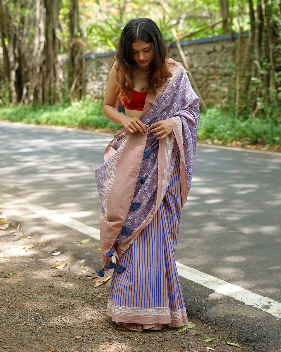 Lavendar Lolly Handblock Print Cotton Saree - PBC
