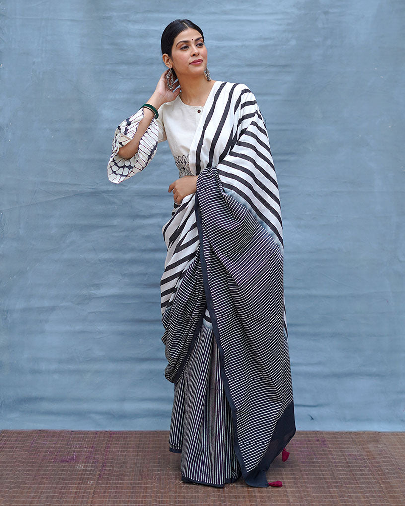 Black or White Handblock Print Cotton Saree - M&M