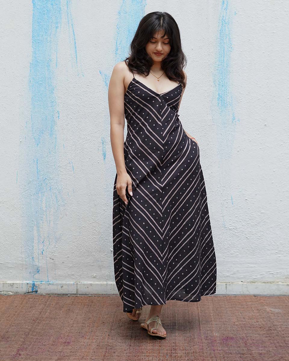 Snow Moon Black Handblock Print Cotton Dress - MNCH
