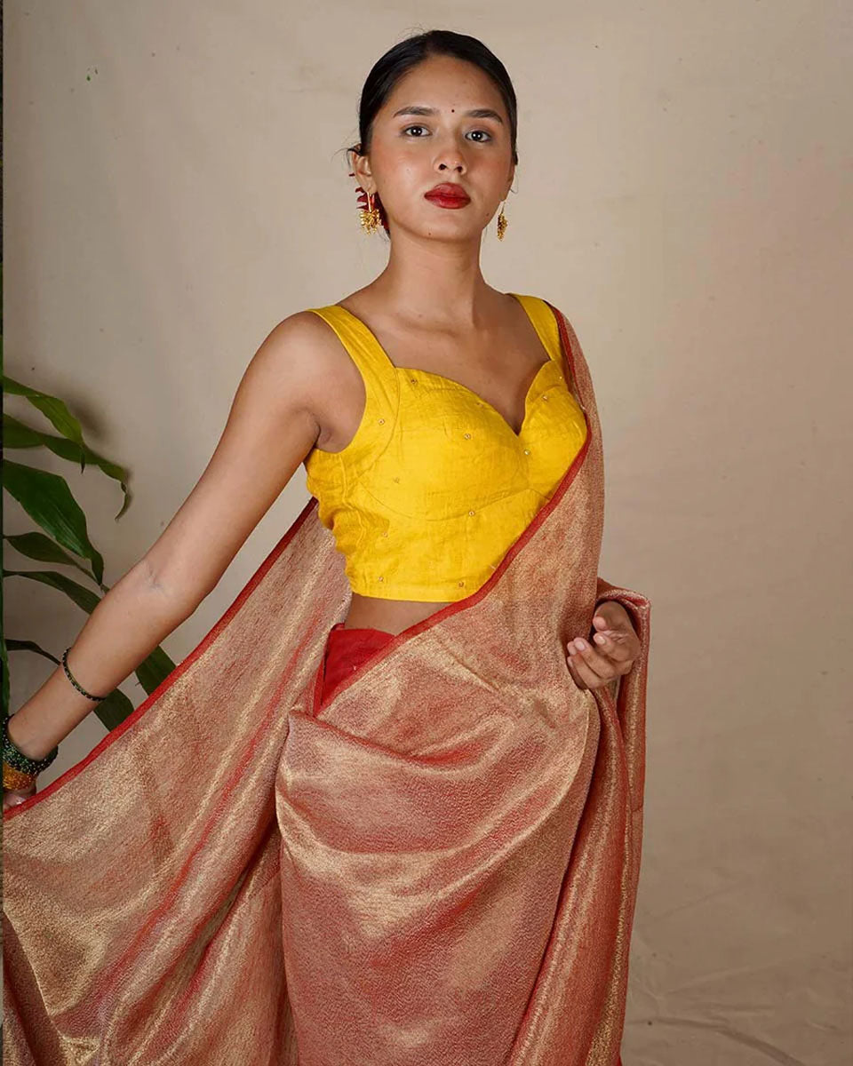 Abhati Red Handwoven Linen Zari Saree - Eknoor