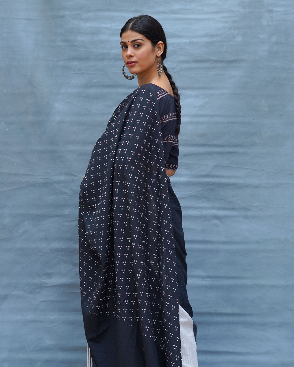 Monochrome Magic Black & White Handblock Print Cotton Saree - M&M