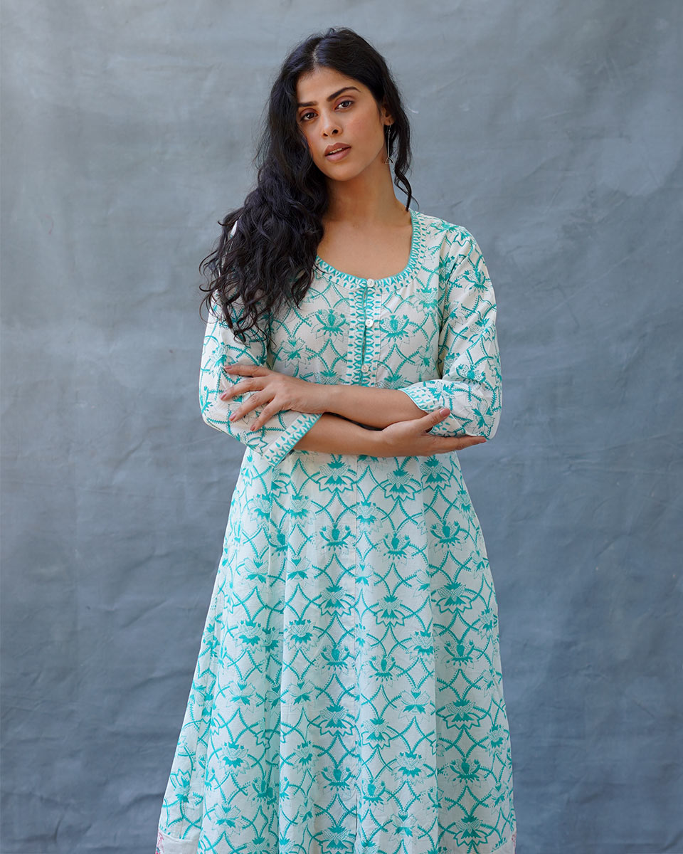 Chamomileâ€™s Calm Teal Green Block Printed Cotton Dress - MMG