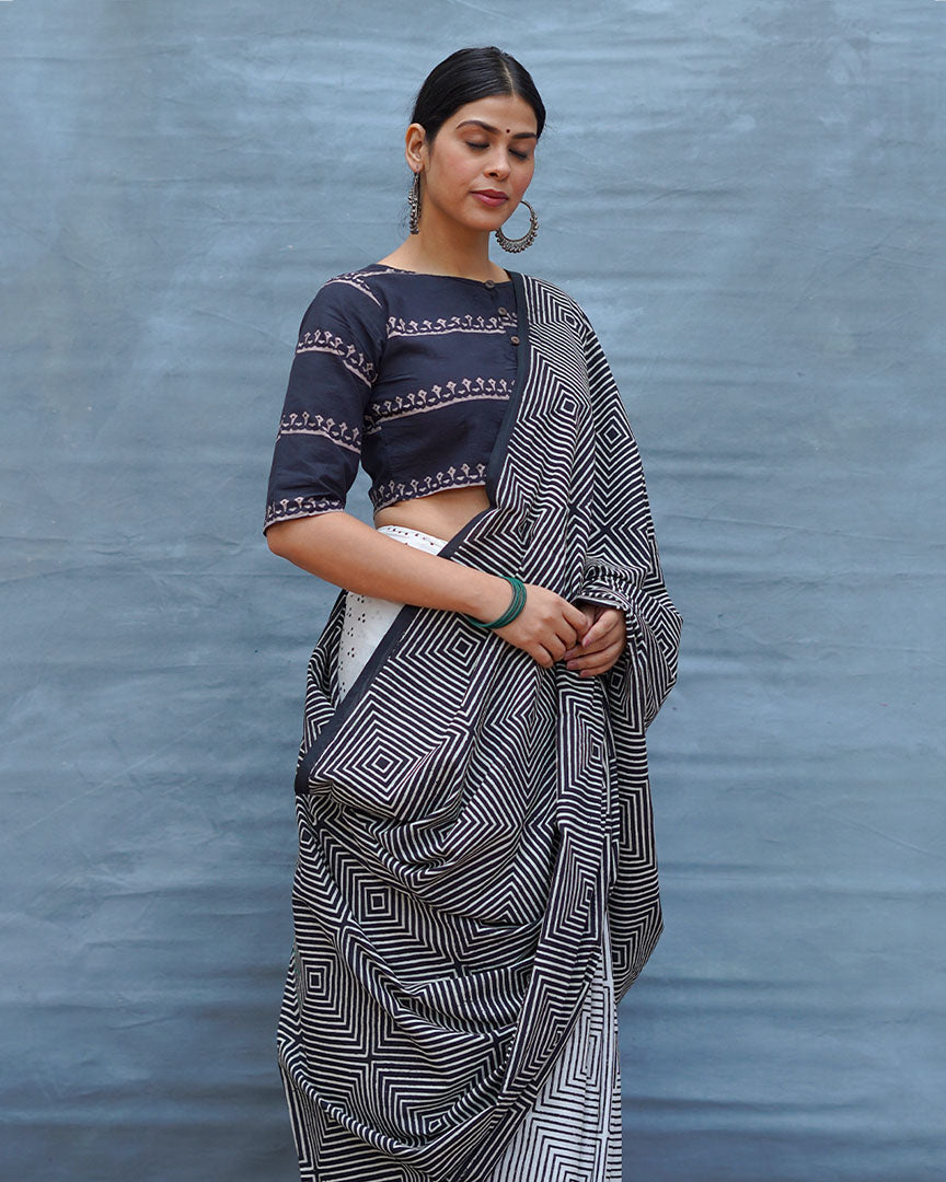 Vintage Muse Black & White Handblock Print Cotton Saree - M&M