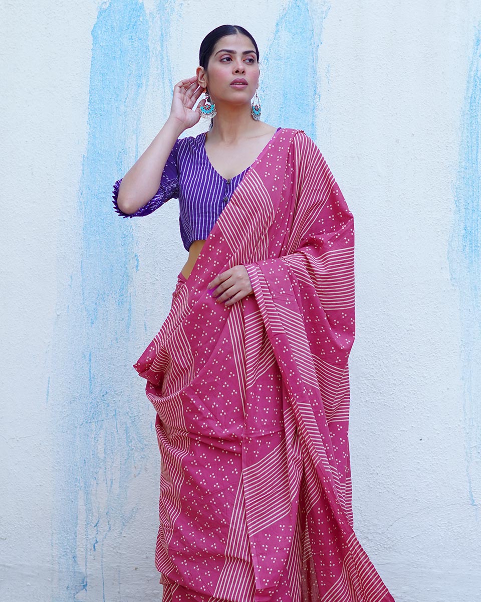 Patang Pink Handblock Print Cotton Saree - BFG