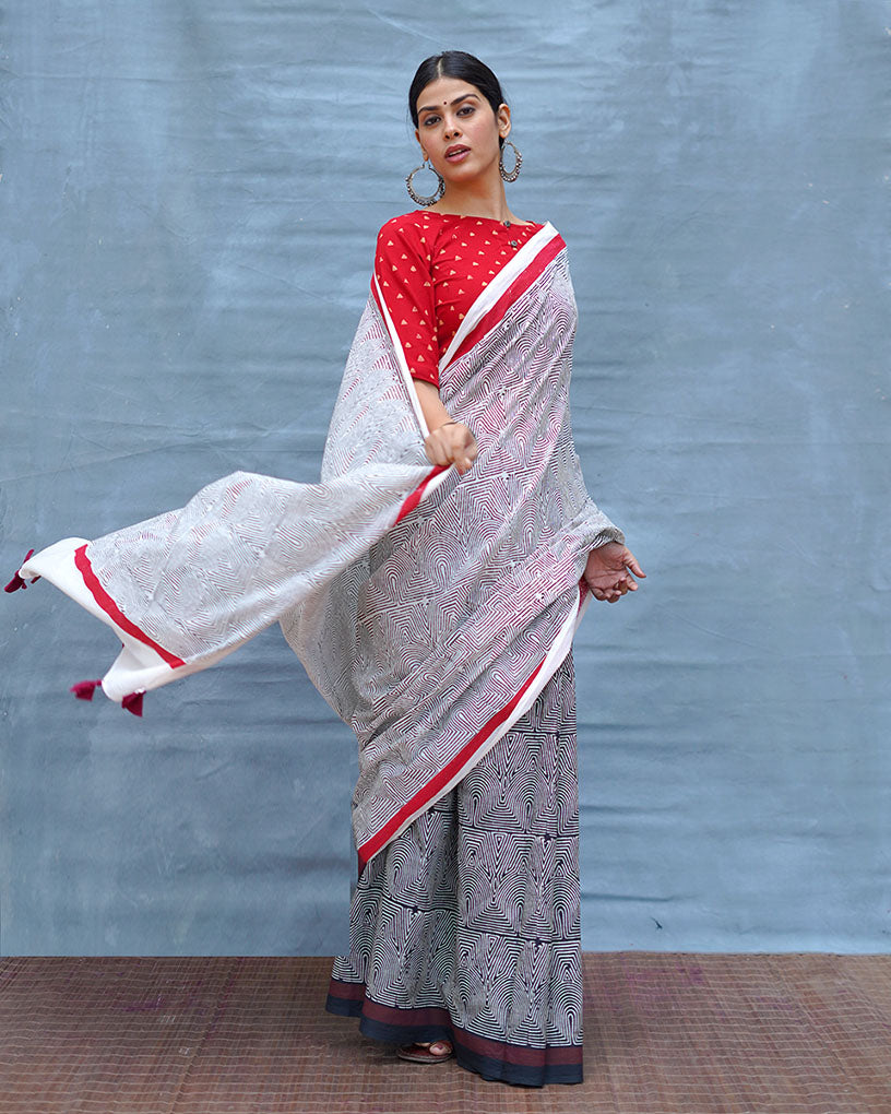 Vintage Poem Black & White Handblock Print Cotton Saree - M&M