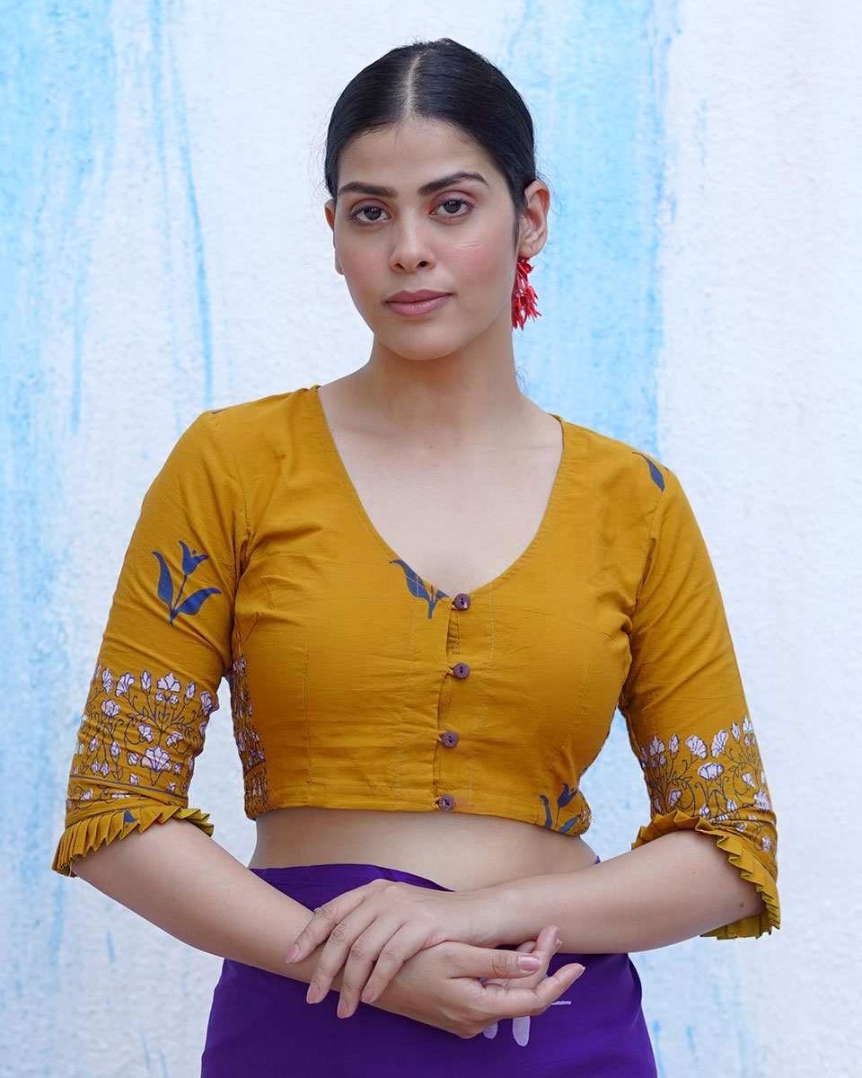 Pankhi Mustard Yellow Handblock Print Cotton Blouse - BFG