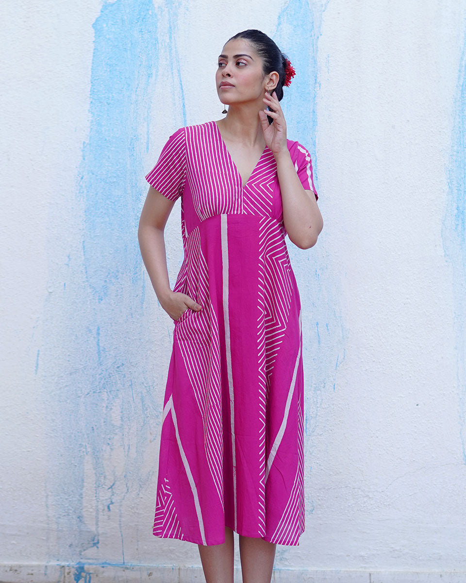Bulbul Pink Handblock Print Cotton Dress - BFG