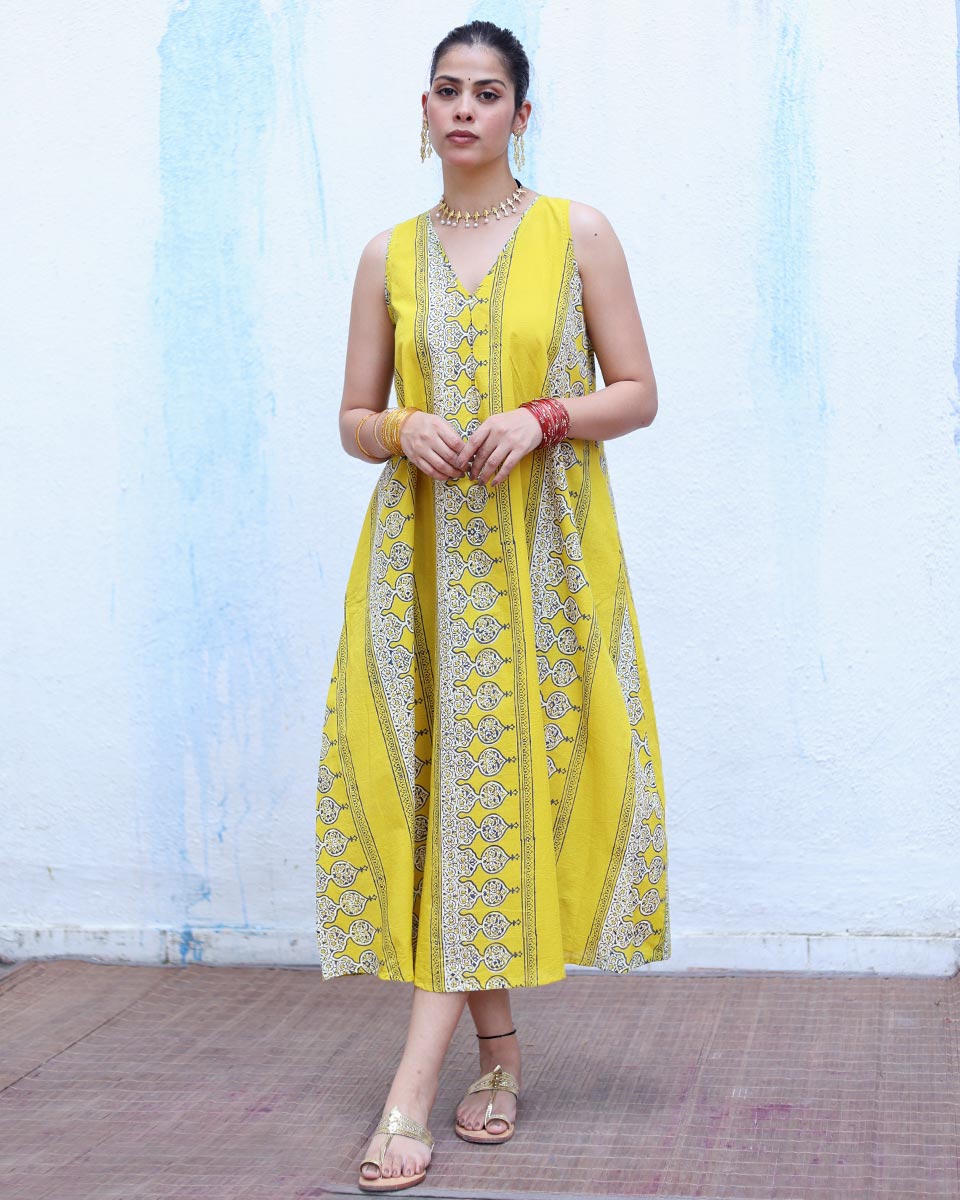 Roushan Yellow Handblock Print Cotton Dress - RSH