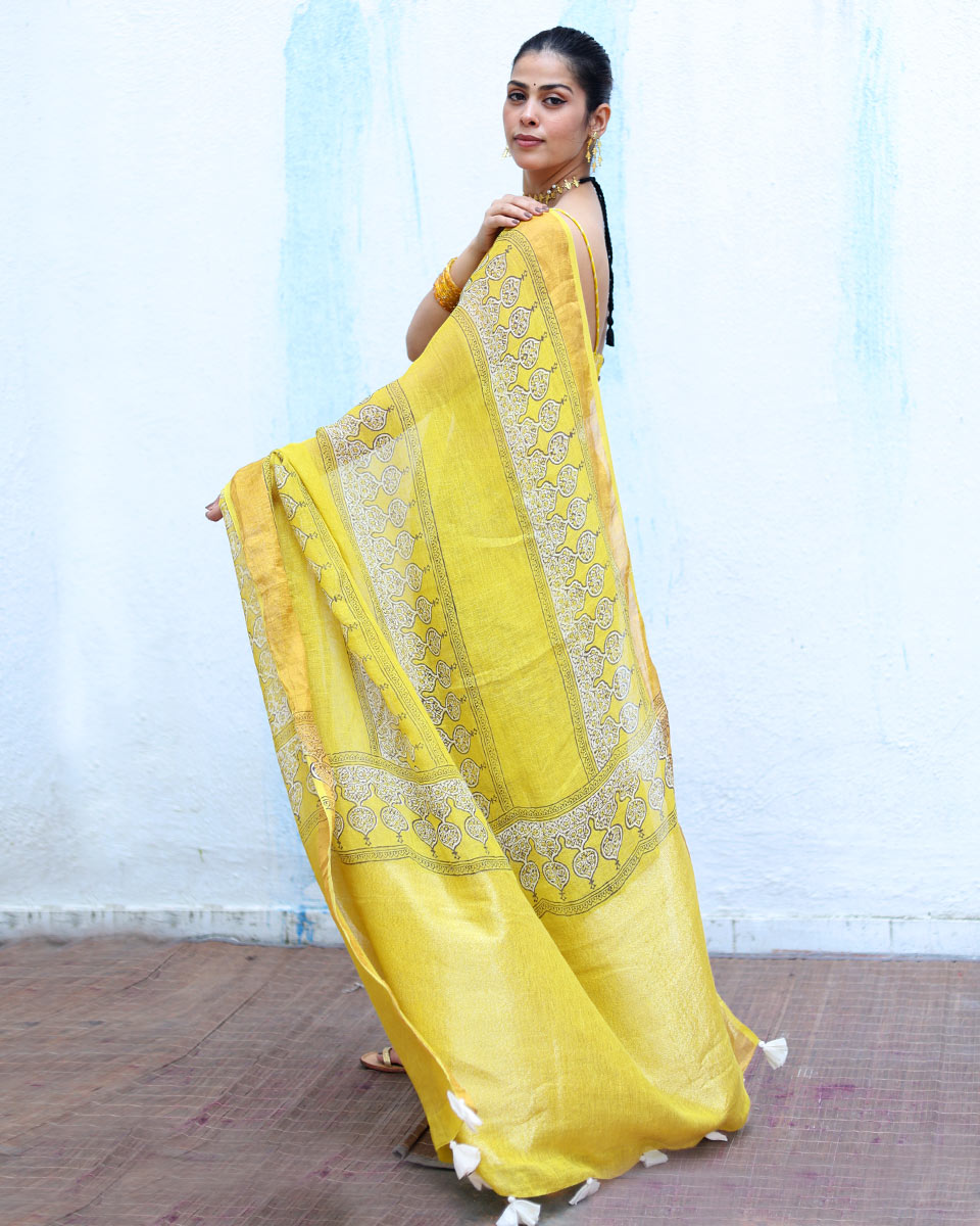 Ziya Yellow Handblock Print Linen Saree - RSH