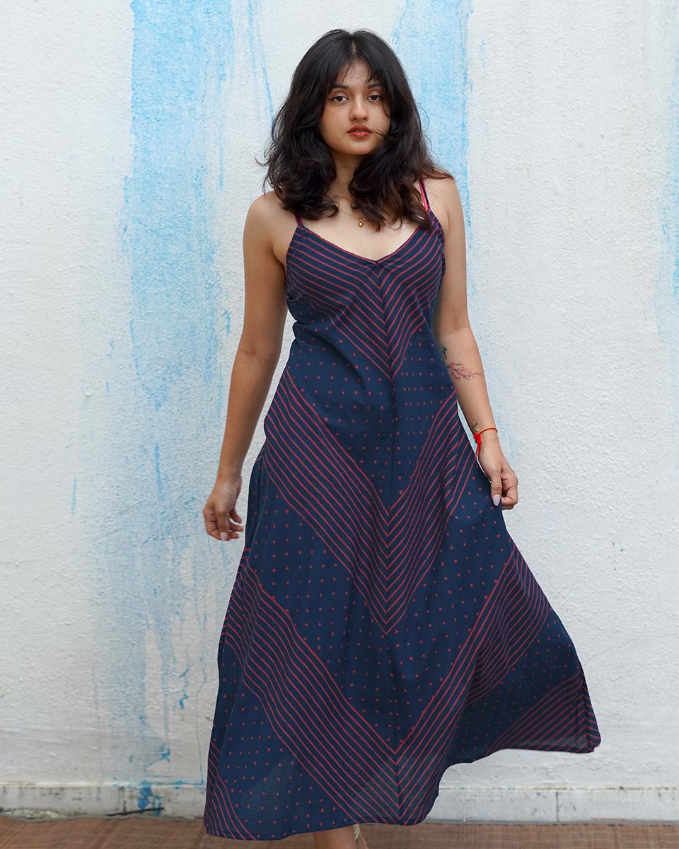 Wolf Moon Blue Handblock Print Cotton Dress - MNCH