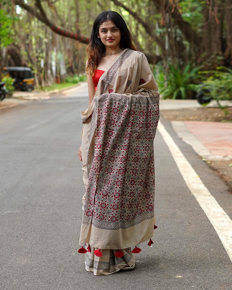 Coconut Chikki Beige Handblock Print Cotton Saree - PBC