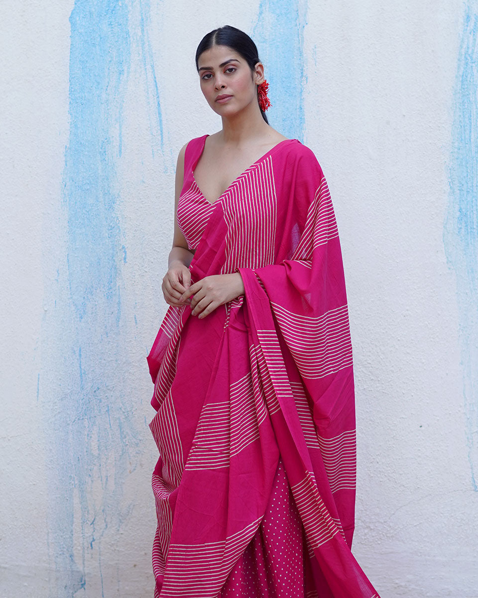 Koyal Pink Handblock Print Cotton Saree - BFG