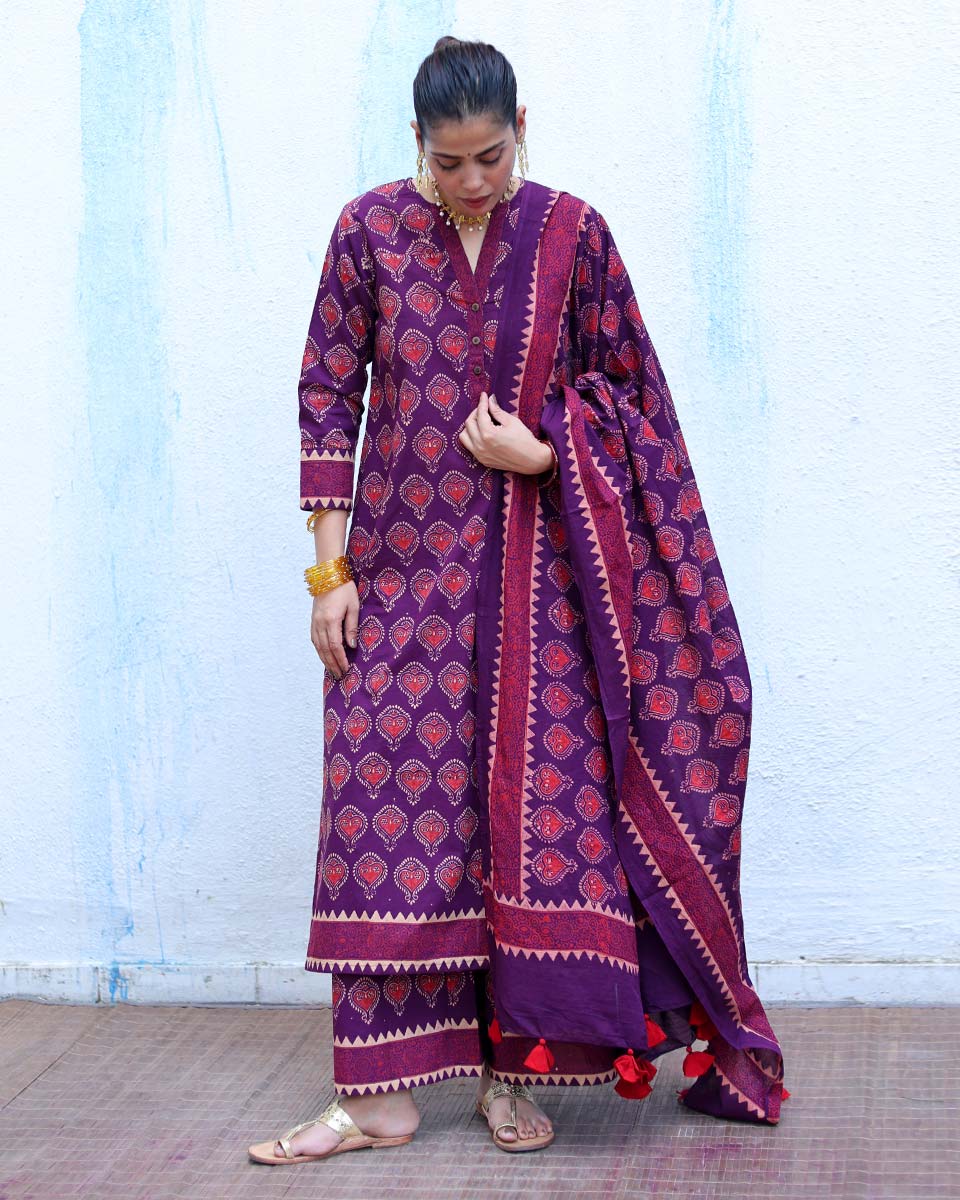 Ujwala Purple Handblock Print Cotton Dupatta - RSH