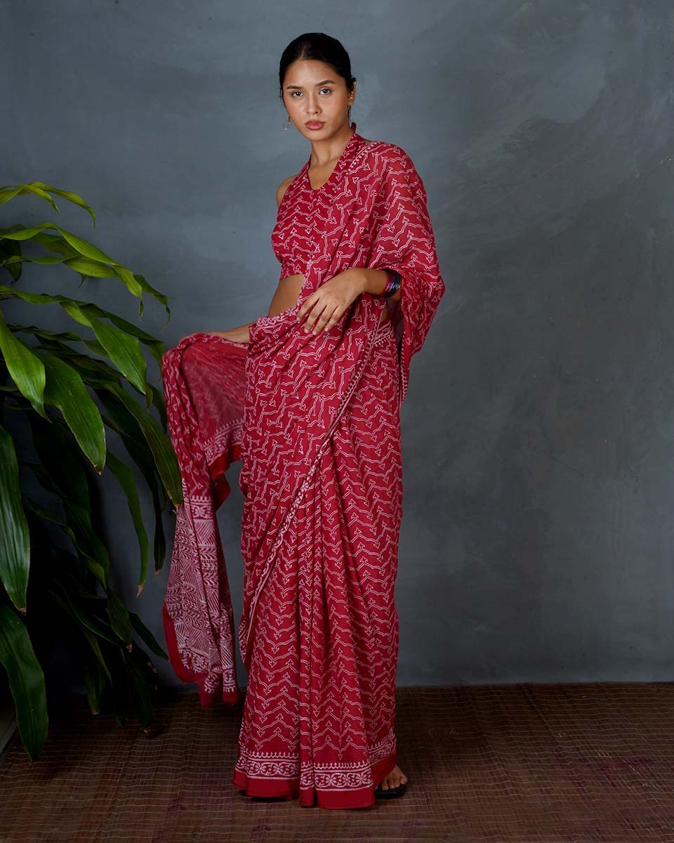 Roopika Red Hand Block Printed Saree-MYA