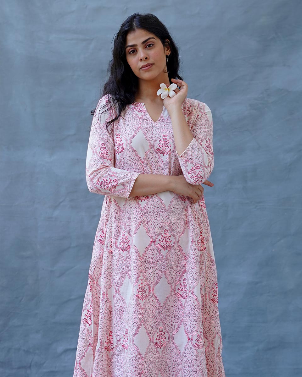 Sunflowerâ€™s Sheen Blush Pink Block printed Kurti - MMG