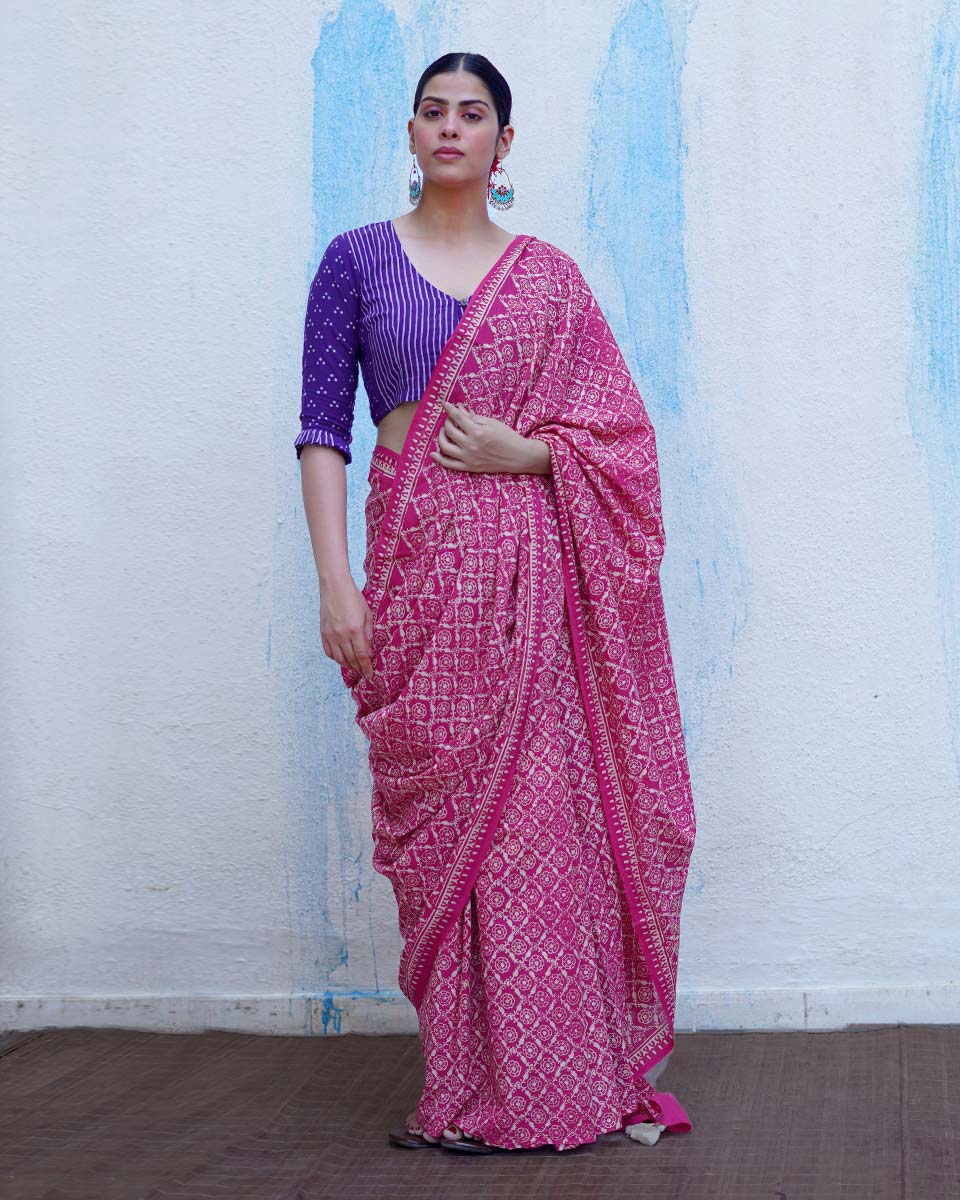 Phulpari Pink Handblock Print Cotton Saree - BFG