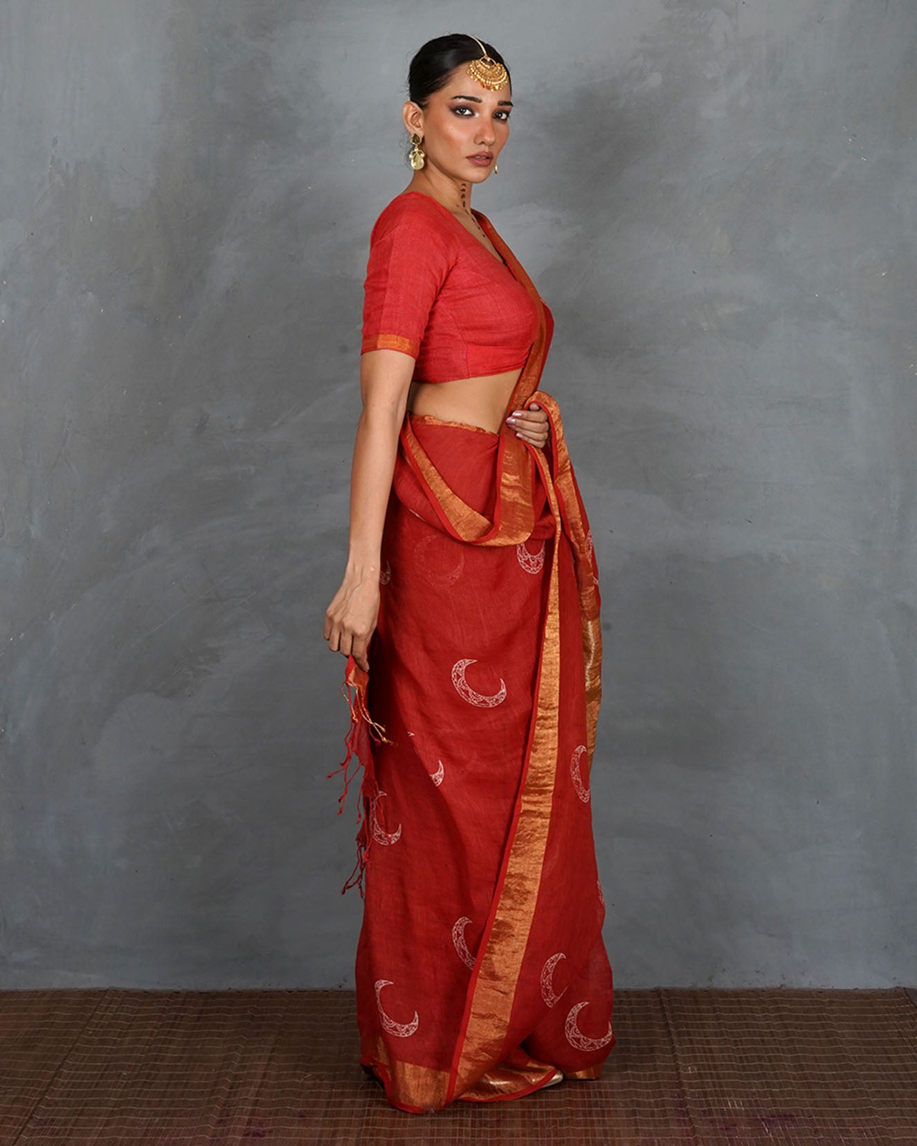 Taraani Red Handblock  Linen Saree - TARA