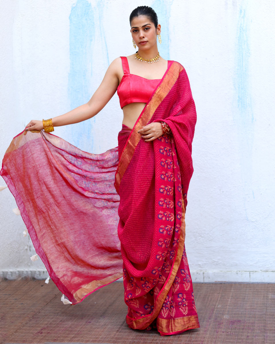 Mehr Pink Handblock Print Linen Saree - RSH