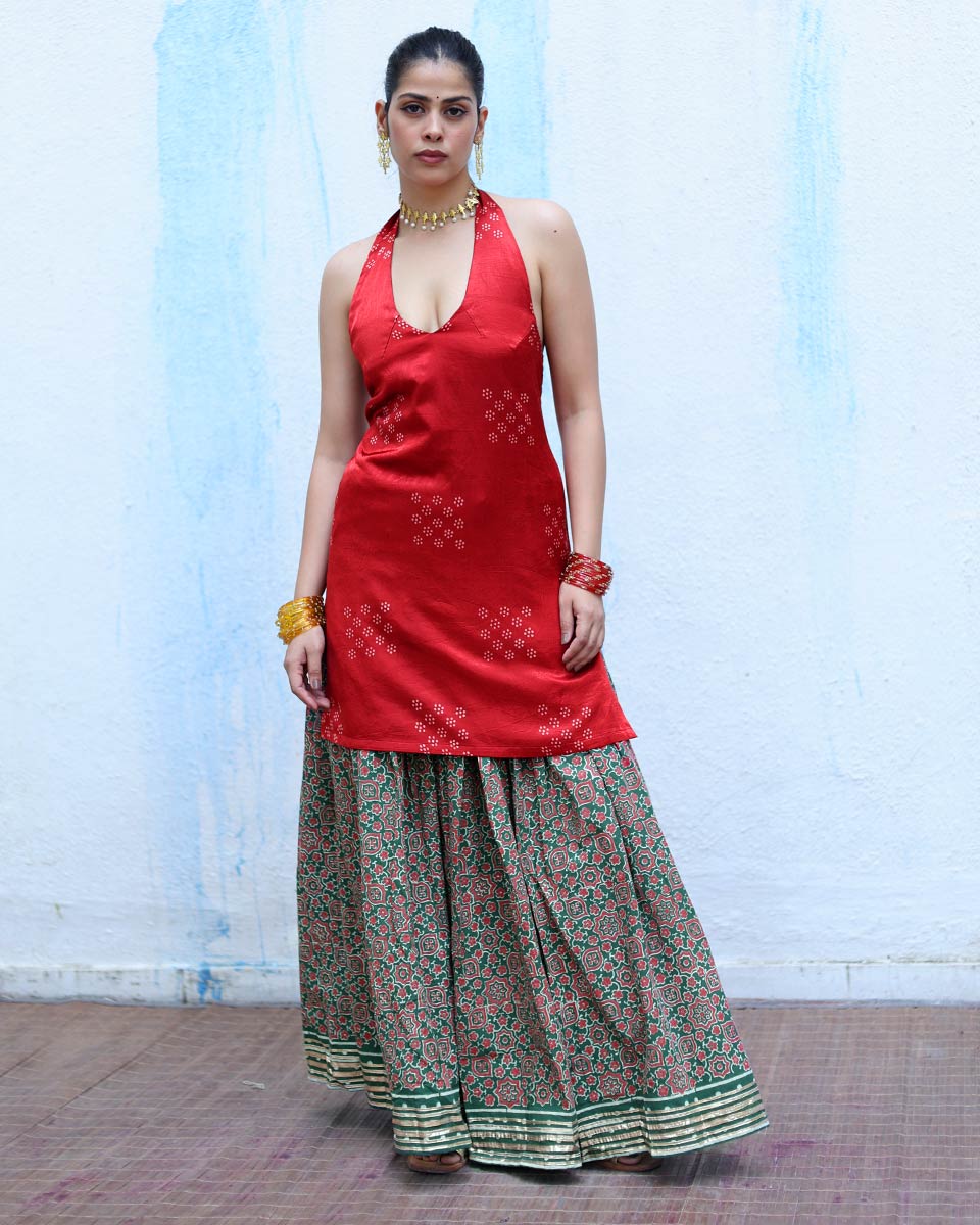 Aabha Red Handblock Print Mashru Silk Kurta - RSH