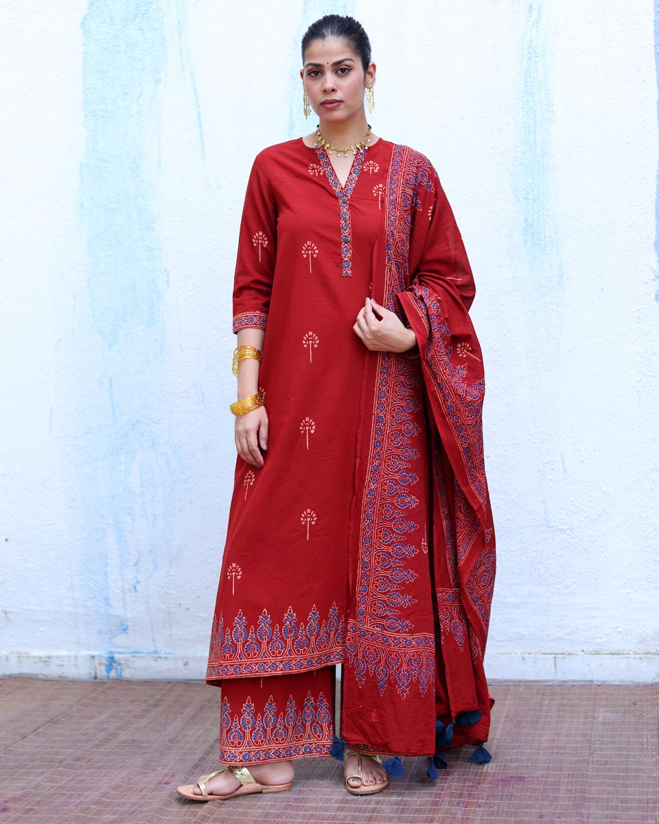 Tara Red Handblock Print Cotton Dupatta - RSH