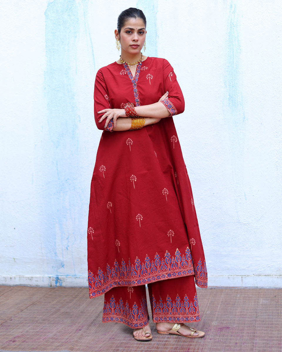 Anjuman Red Handblock Print Cotton Kurta Set - RSH