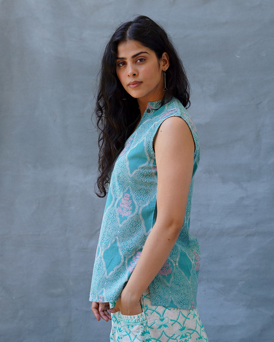 Frangipaniâ€™s Freshness Teal Green Block Printed Top - MMG