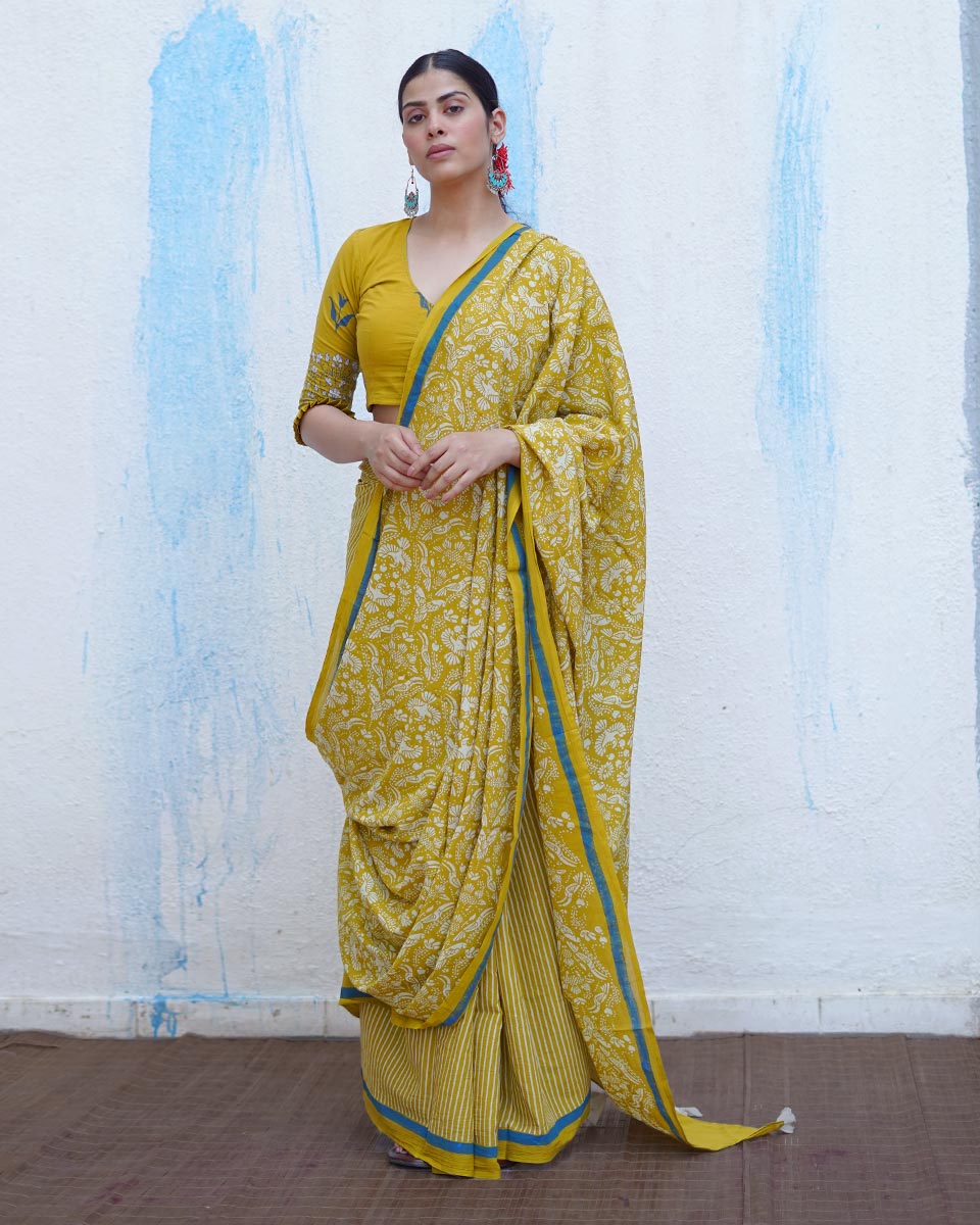 Pakhi Yellow Handblock Print Cotton Saree - BFG