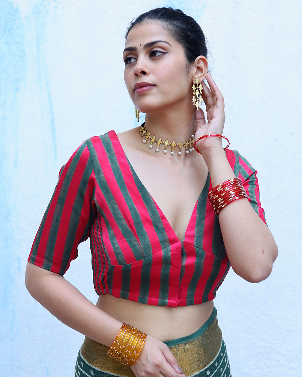 Tajalli Red With Green Handblock Print Mashru Silk Blouse - RSH